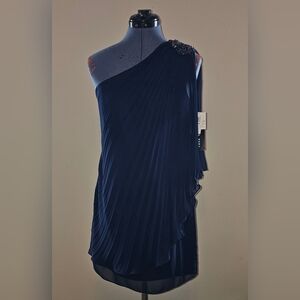 XSCAPE Navy Blue Pleated One Shoulder Cocktail Dress